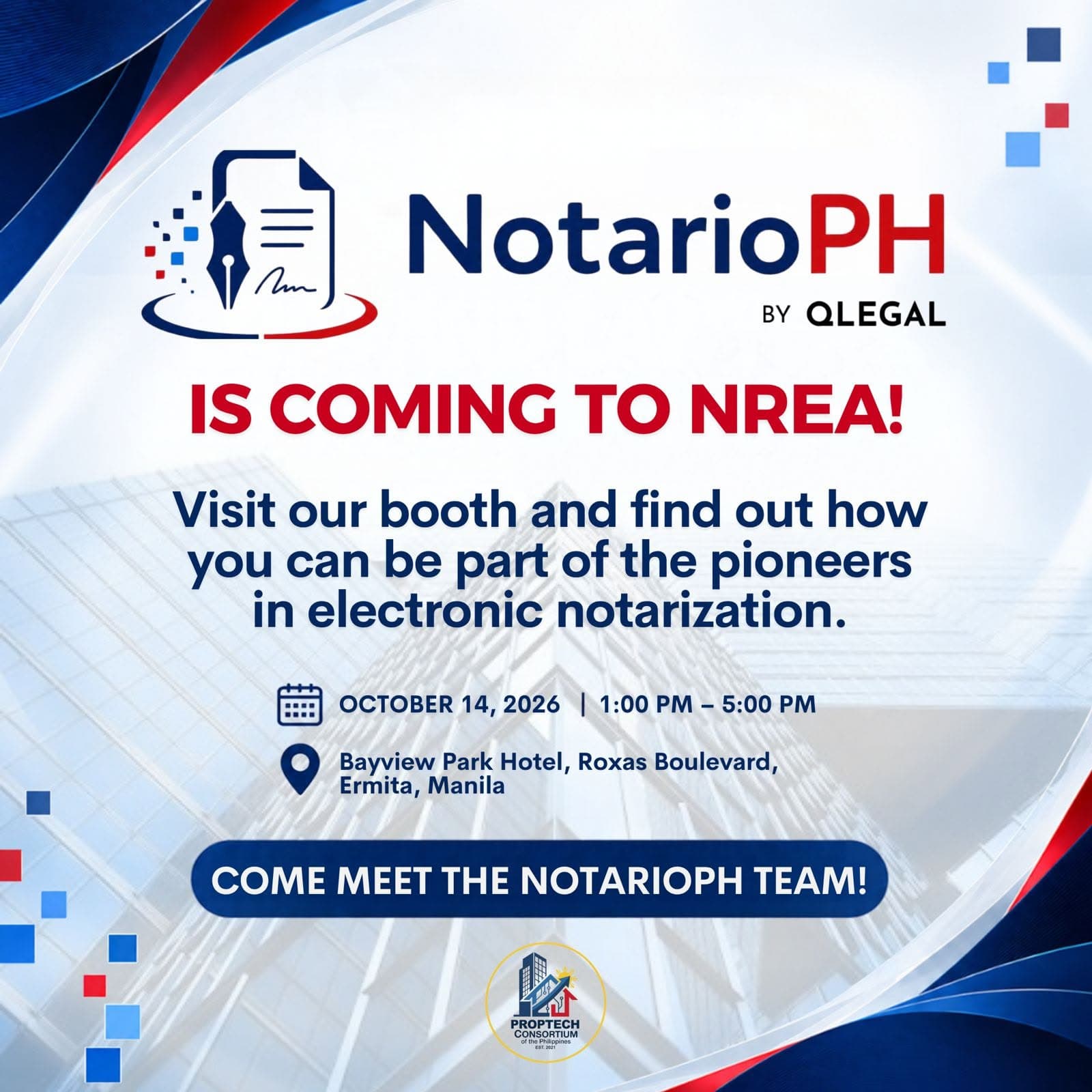 Meet the Quanby Legal team at NREA on October 14, 2026, from 1:00 PM to 5:00 PM at Bayview Park Hotel, Roxas Boulevard, Ermita, Manila.